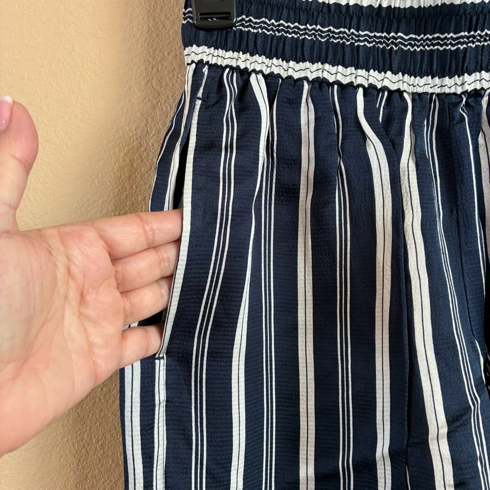 Everlane New‎ Size XS Viscose Satin Wide Leg Pull On Pant Blue White Striped